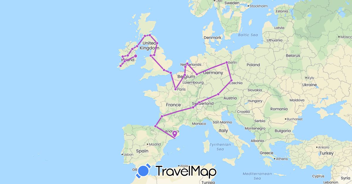 TravelMap itinerary: driving, train in Belgium, Switzerland, Czech Republic, Germany, Spain, France, United Kingdom, Ireland, Netherlands (Europe)